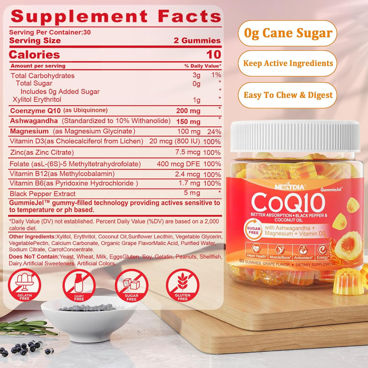 Nextdia CoQ10 Ubiquinol with coconut oil, black pepper, Ashwagandha, Magnesium , Vitamin D3, Folate & B12 60 gummies grape flavor
