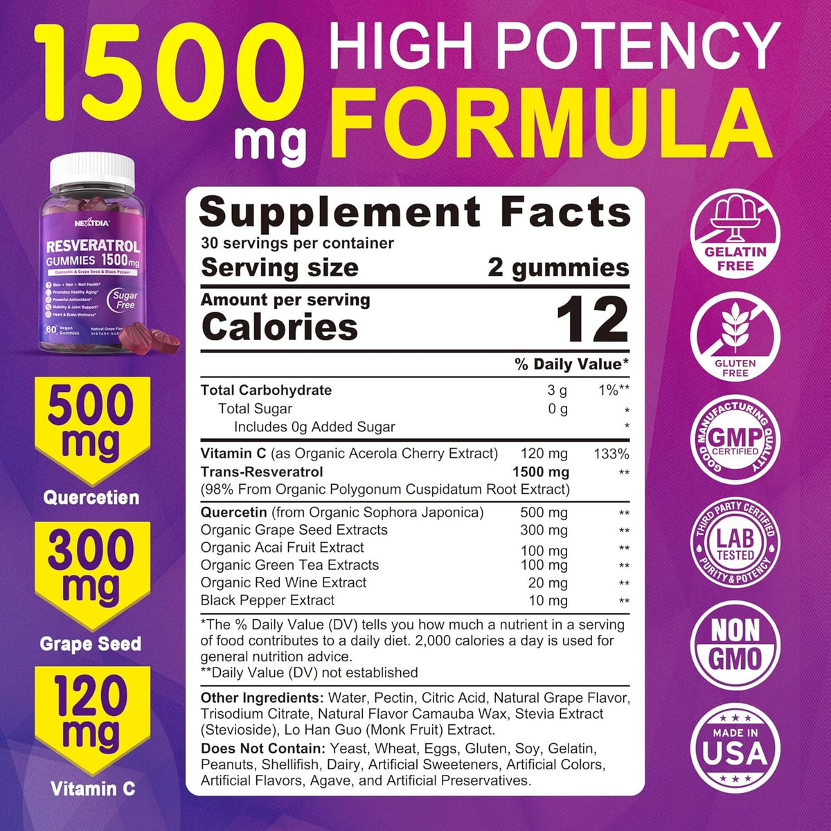 Nextdia Resveratrol 1500 mg 60 gummies plus Quercetin, Grape seed & Black pepper