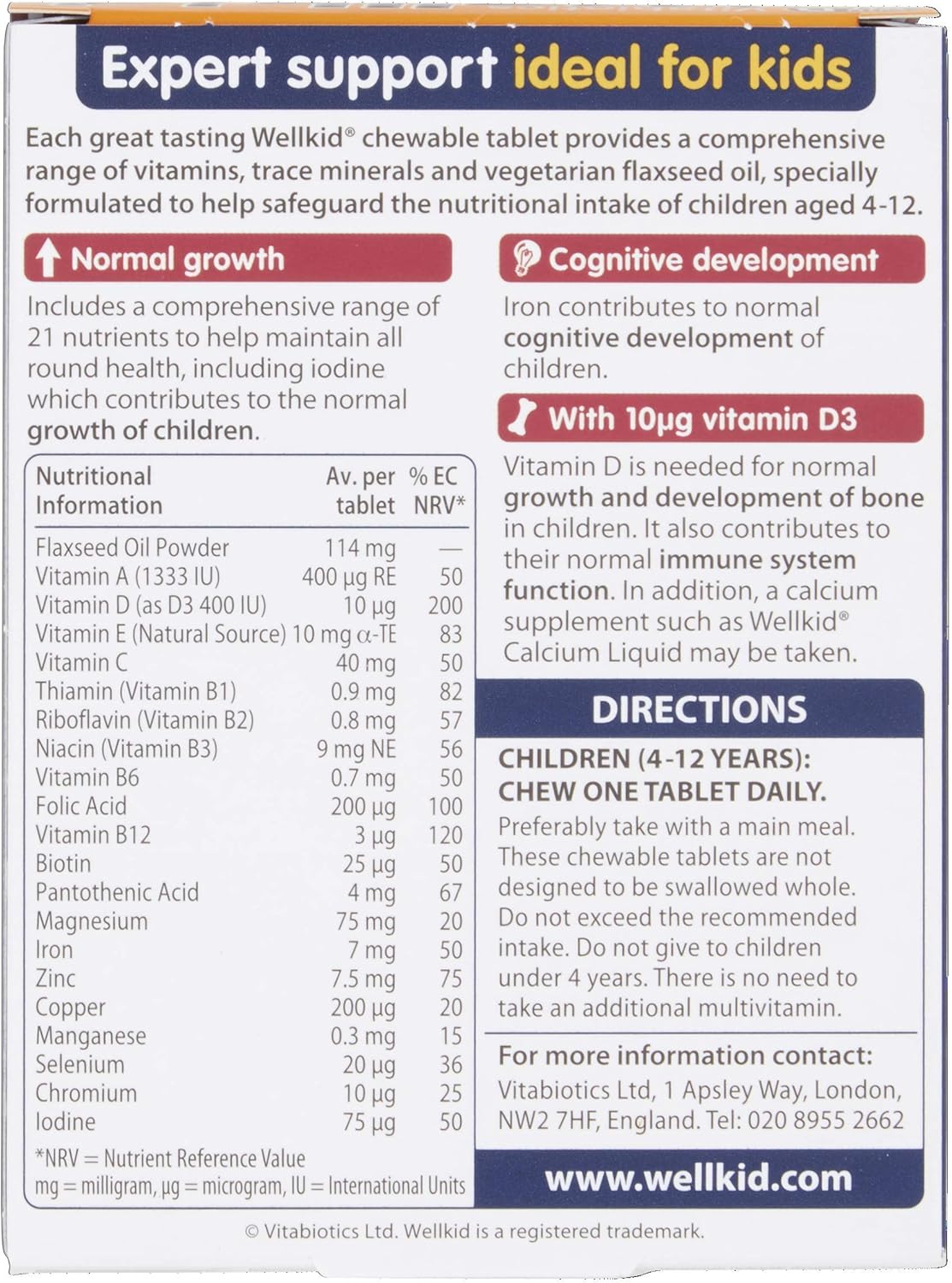 Wellkid Multivitamin 4-12 years ٍSupport Energy, Growth & Mental Function 30 chewable Tablets