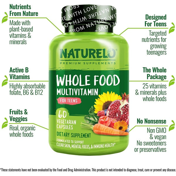 NATURELO Whole Food Multivitamin for Teens, Support Clear Skin, Mental focus, Immune Health, 60 Vegetarian Capsules