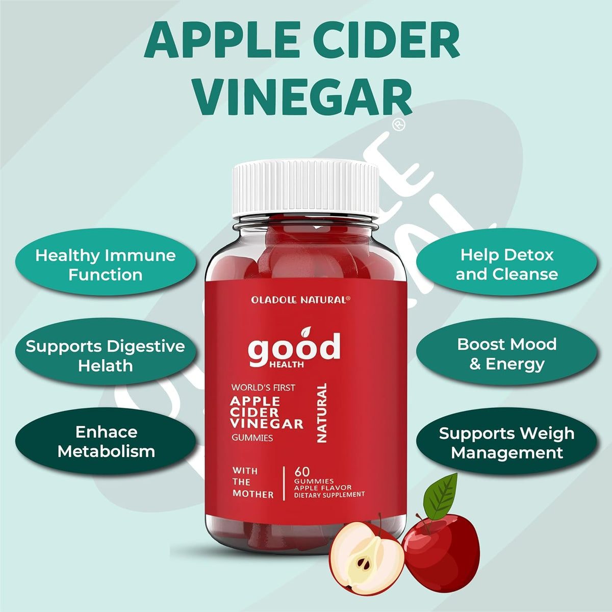 Oladole Natural Apple Cider Vinegar 60 Gummies Apple flavour