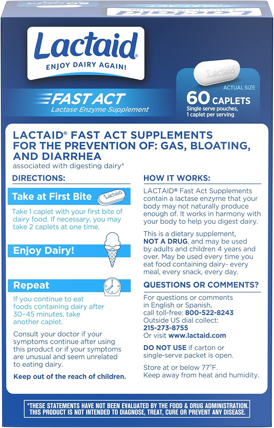Lactaid Fast Act Lactose Intolerance Relief Caplets, Lactase Enzyme to Prevent Gas, Bloating & Diarrhea Due to Lactose Sensitivity 60 caplets