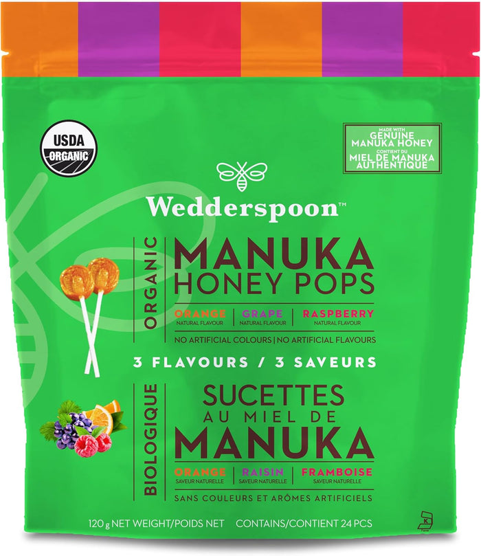 Wedderspoon 24 lollipops Manuka honey orange, grape and raspberry flavor 118 grams