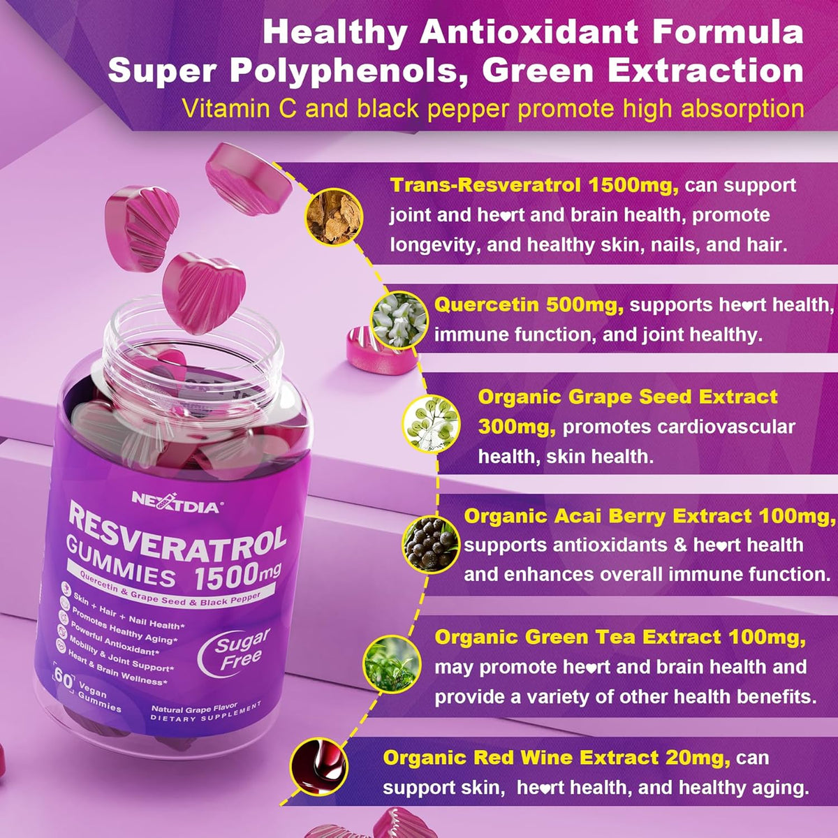 Nextdia Resveratrol 1500 mg 60 gummies plus Quercetin, Grape seed & Black pepper