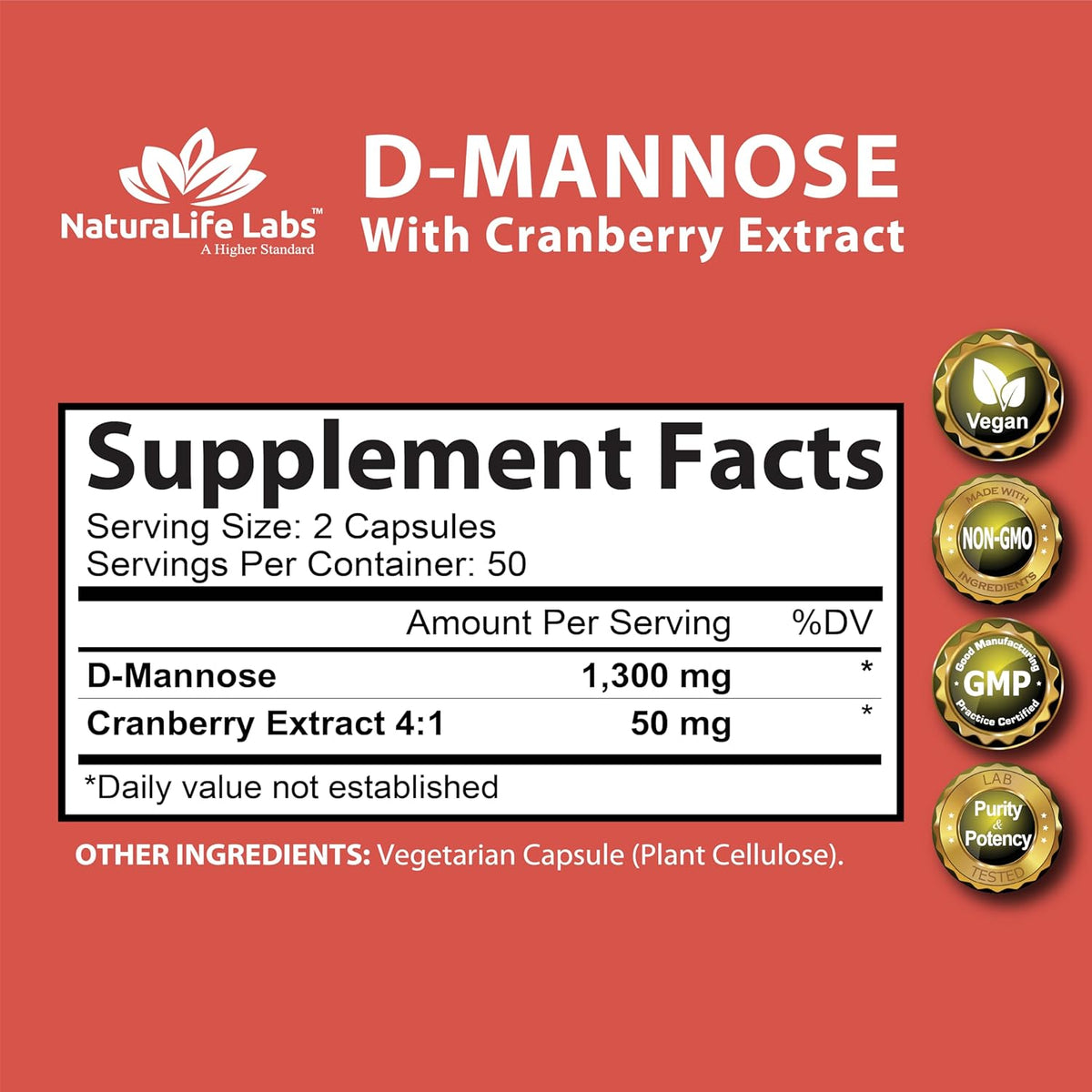 Natura Life Labs D-Mannose 1300mg Supports Urinary Tract Health & Antibacterial Effect 100 veg caps