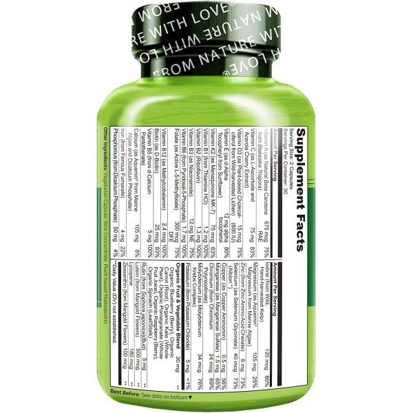 NATURELO Whole Food Multivitamin for Teens, Support Clear Skin, Mental focus, Immune Health, 60 Vegetarian Capsules
