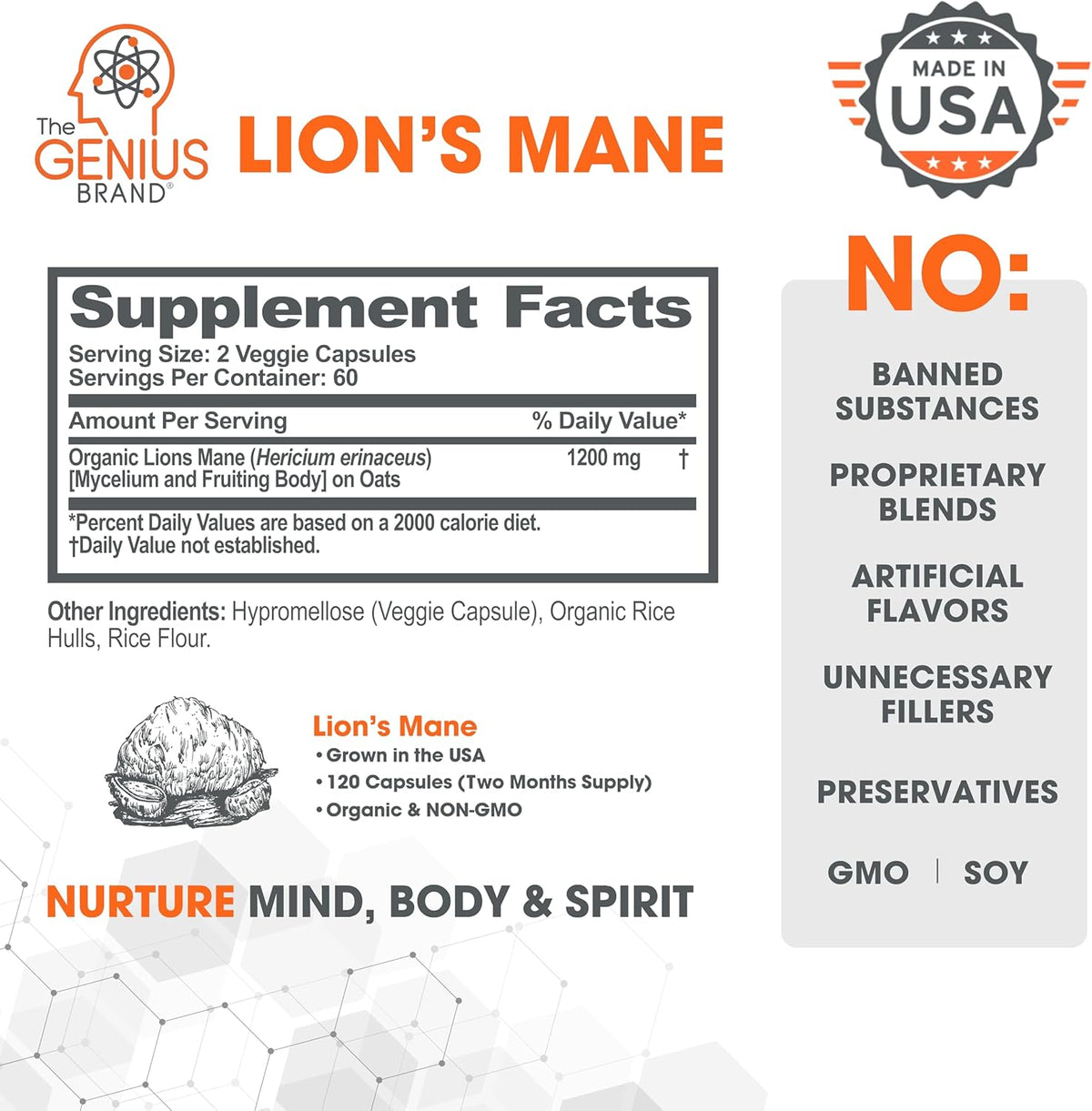 The Genius Brand Genius Lions Mane Support Foucs & Memory & Mood 120 Veg Caps