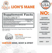 The Genius Brand Genius Lions Mane Support Foucs & Memory & Mood 120 Veg Caps