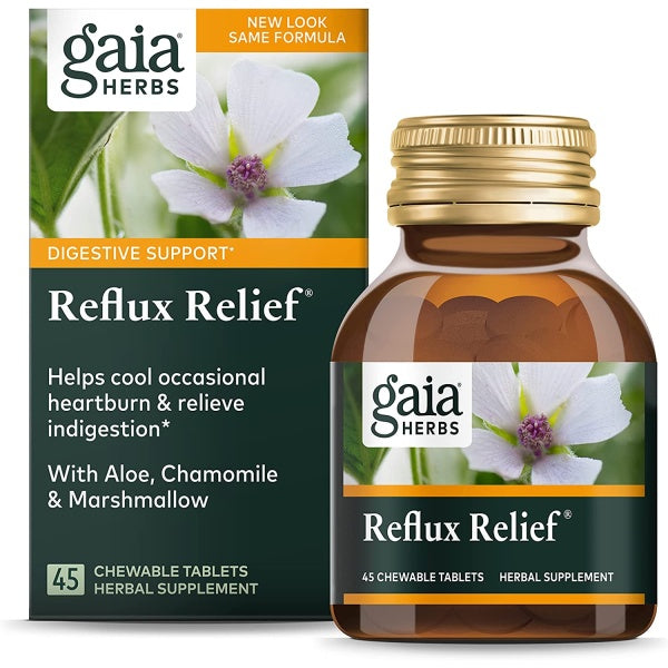 Gaia Herbs Reflux Relief, with Marshmallow Root, Chamomile, Aloe, Helps with Occasional Heartburn & Relieve Indigestion 45 Chewable Tablets