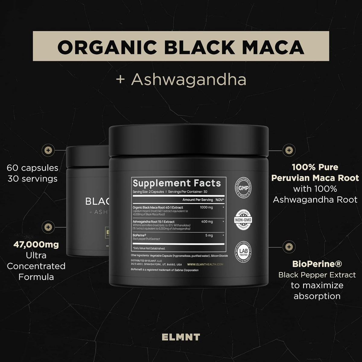 ELMNT - Black Maca, Ashwagandha, 40,000mg, 40x Strength, with Bioperine, Boost energy and Enhance vitality, 90 Capsules