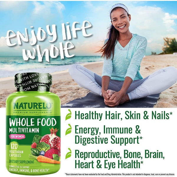 NATURELO Whole Food Multivitamin for Women, with Vitamins, Minerals, & Organic Extracts, Supplement for Energy and Heart Health, 120 Vegetarian Capsules