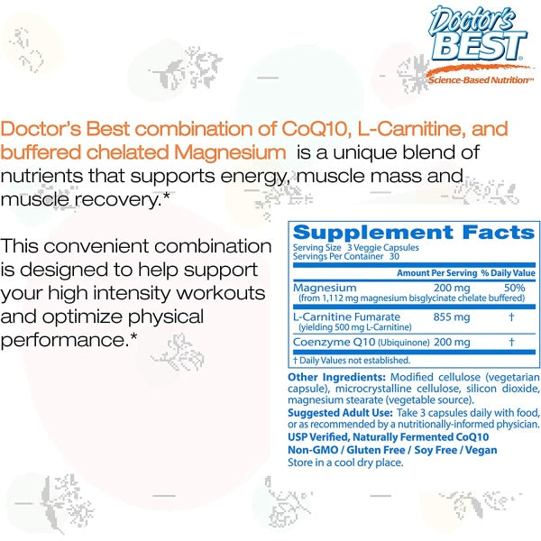 Doctors Best Coq10 L Carnitine Magnesium Supports Energy, Muscle Mass & Muscle Recovery 90 Veggie Caps