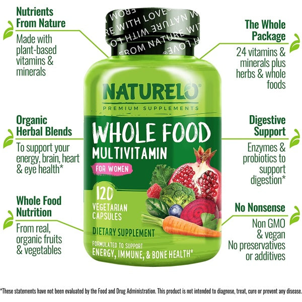 NATURELO Whole Food Multivitamin for Women, with Vitamins, Minerals, & Organic Extracts, Supplement for Energy and Heart Health, 120 Vegetarian Capsules