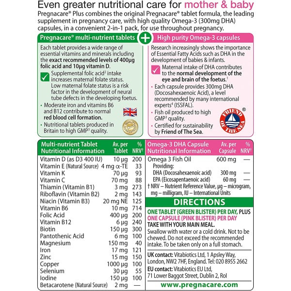 Provides all the benefits of the Pregnacare Original multivitamin tablet – which contains essential nutrients for pregnancy, plus an Omega-3 capsule to provide a rich source of DHA which contributes to normal brain and eye development of the foetus