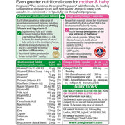 Provides all the benefits of the Pregnacare Original multivitamin tablet – which contains essential nutrients for pregnancy, plus an Omega-3 capsule to provide a rich source of DHA which contributes to normal brain and eye development of the foetus