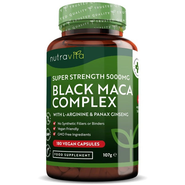 Nutravita Black Maca Root 5000mg (Super Strength), with L-Arginine & Panax Ginseng, energy, Mood & General Nutritional Support, 180 Vegan Capsules