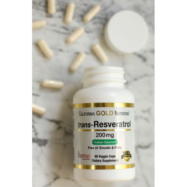 California Gold Nutrition Trans Resveratrol 200mg Supports Healthy Cardiovascular Function, Hair, Skin & Nails 60 Veggie Capsules
