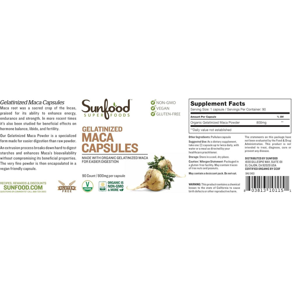 Sunfood Gelatinized Maca 800mg Enhanced Energy& Stamina, Hormonal Balance & Mood Support 90 caps