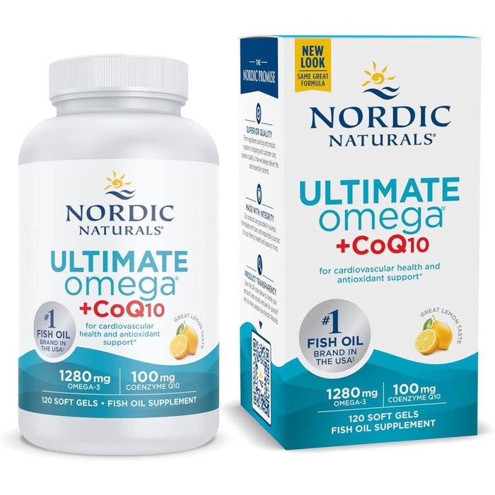 Nordic Ultimate Omega 3 1280 mg + CoQ10 as Ubiquinol 100mg Heart Health Support & Energy Boost 120 softgels lemon flavor