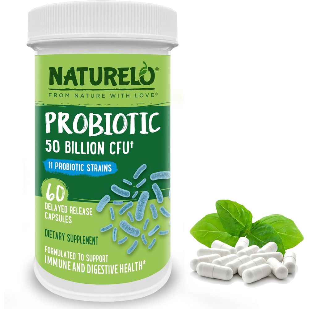 NATURELO, Probiotic, 50 Billion CFU Digestive Health & Balanced Microbiome 60 Delayed Release Capsules