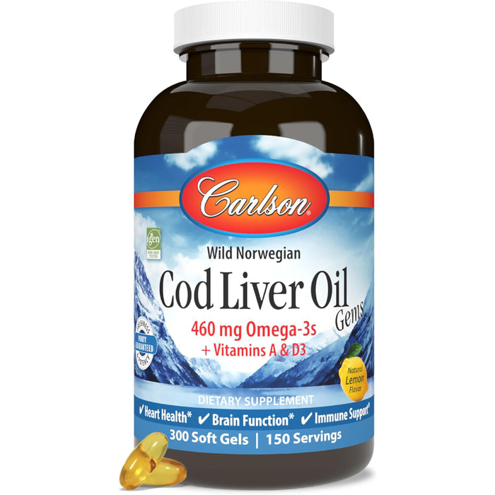 Carlson Cod Liver Oil 460mg omega3 + Vitamin A and D3 Heart & Bone Health Support, Immune System Boost 300 softgels Lemon flavour