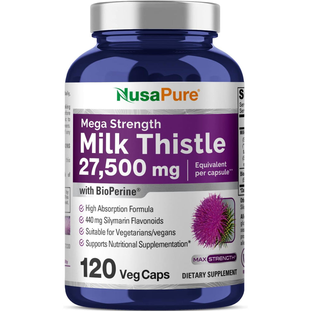 Nusapure Mega Strength Milk Thistle 27500mg with Bioperine Liver & Digestion Support 120 Veg Caps