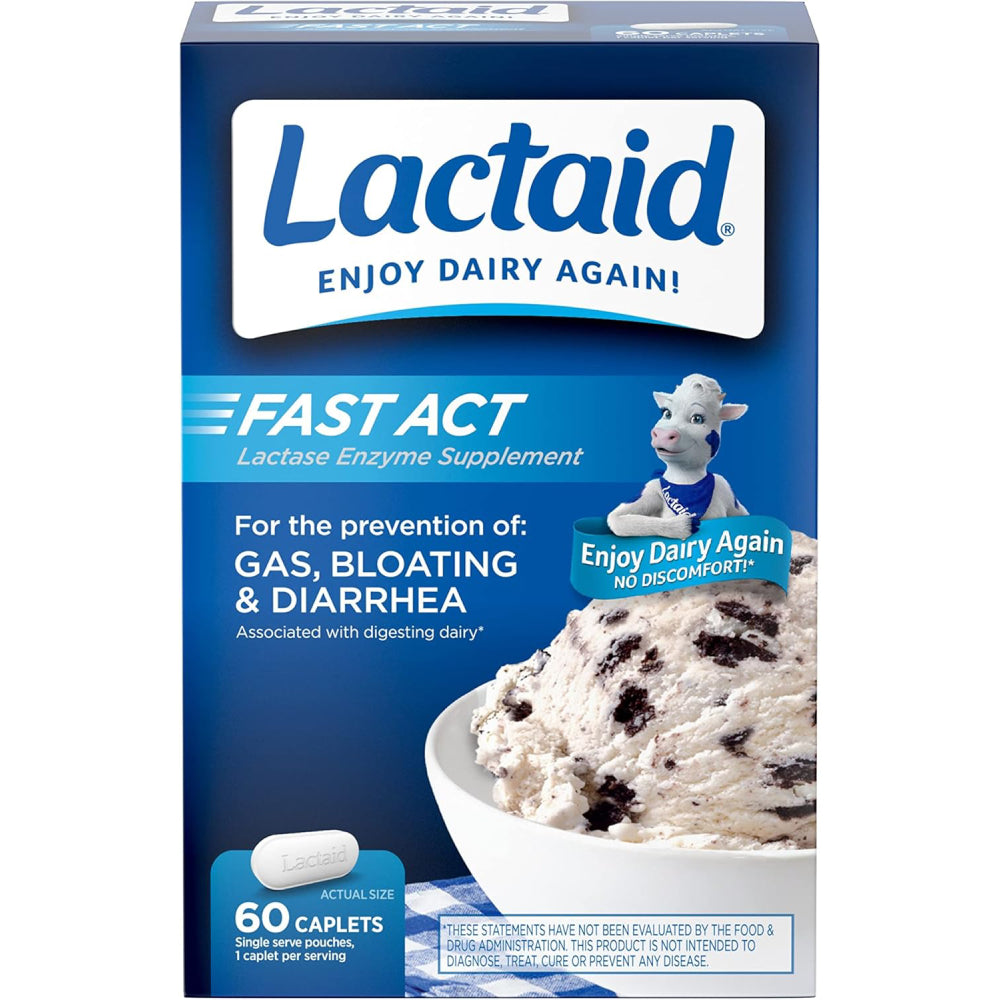 Lactaid Fast Act Lactose Intolerance Relief Caplets, Lactase Enzyme to Prevent Gas, Bloating & Diarrhea Due to Lactose Sensitivity 60 caplets