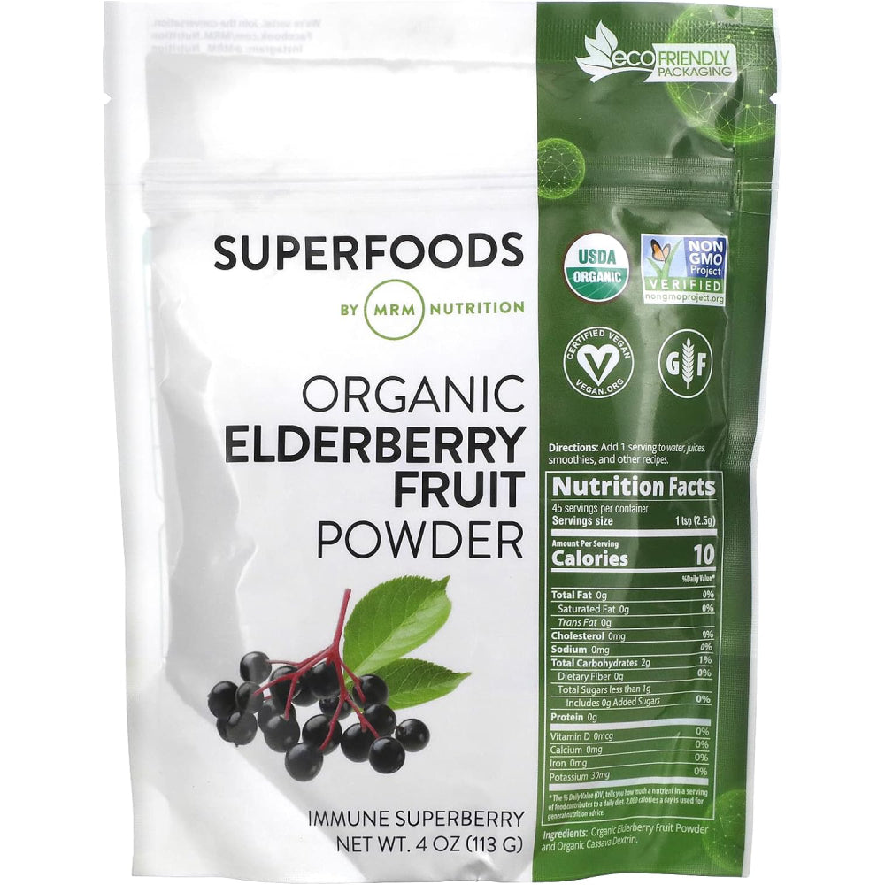 MRM Superfoods Organic Elderberry Fruit Powder Immune & Respiratory Health Support, Natural Energy Boost & Rich in Antioxidants 113g Immune Superberry