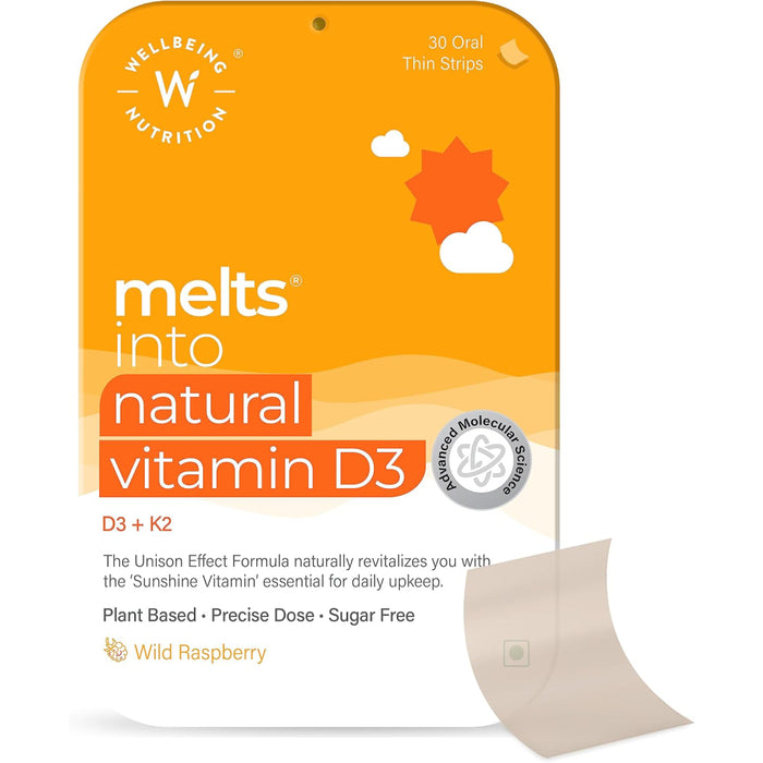 WEllbeing Nutrition Natural Vitamin D3 + K2 30 oral thin strips wild Bone & Heart Health Immune System Enhancer taste Raspberry Default Size
