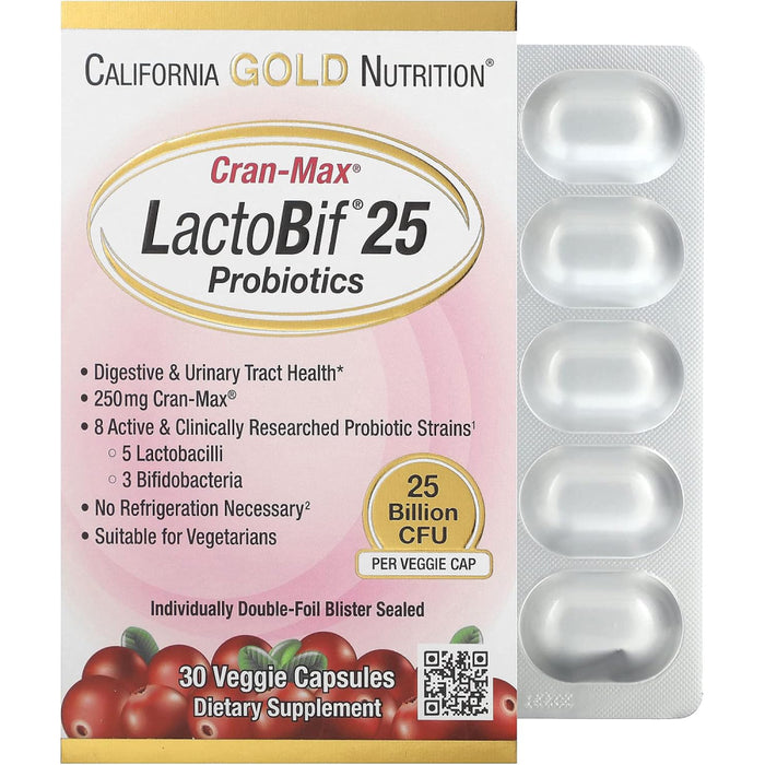 California Gold Nutrition Lactobif Cranberry -Max 25 Billion Probiotics Digestive Health Support Cranberry flavour 30caps