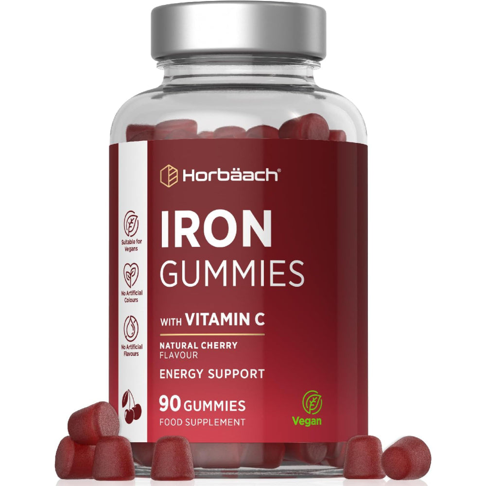 Horbaach Adult Iron gummies with vitamin c Boosts Energy Levels 90gummies natural cherry flavour