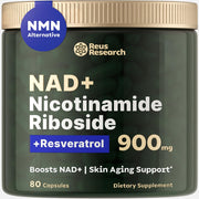 Reus Research NAD+ Nicotinamide Riboside 900mg + Resveratrol - Energy Support, Fight Aging, Support Heart, Brain, Hair, Skin, & Nails 80 capsules