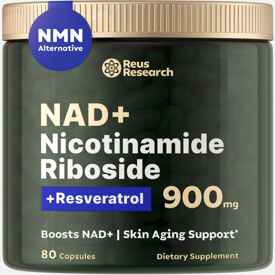 Reus Research NAD+ Nicotinamide Riboside 900mg + Resveratrol - Energy Support, Fight Aging, Support Heart, Brain, Hair, Skin, & Nails 80 capsules