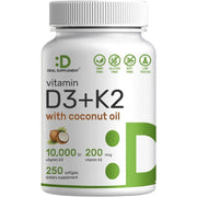 Deal Supplement Vitamin D3+K2 With Coconut Oil 10000 IU Vitamin D3 200mcg Vitamin K2 250 Softgels