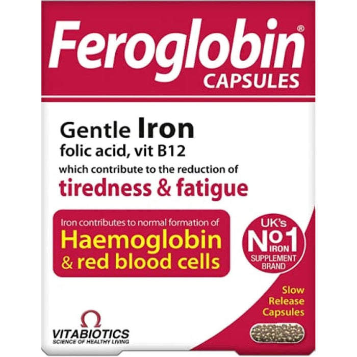Feroglobin Capsules Gentle iron, folic acid and vitamin b12 which contribute to the reduction of tiredness and fatigue and also help support your haemoglobin & red blood cells. Convenient and gentle on your stomach Default Size