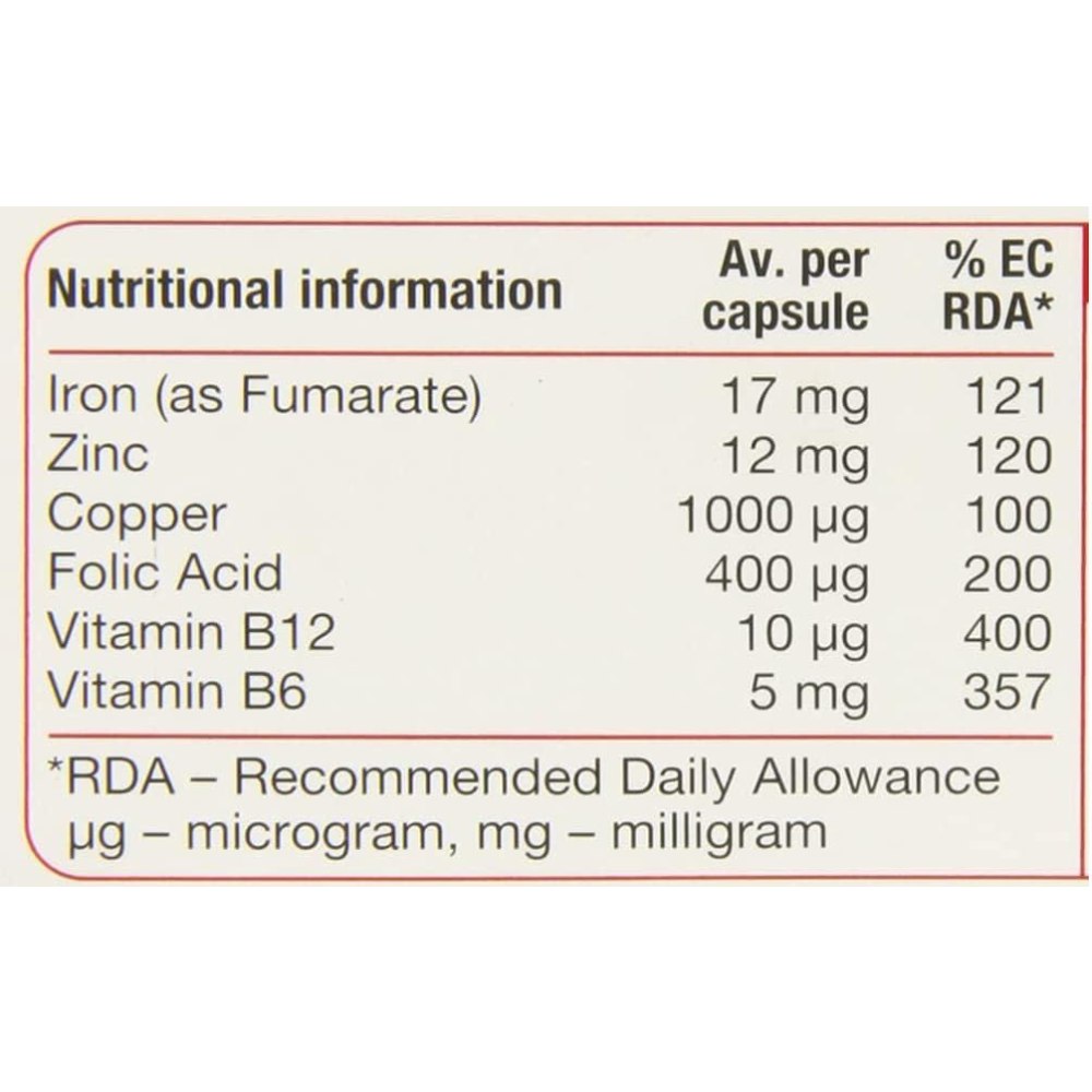 Feroglobin Capsules Gentle iron, folic acid and vitamin b12 which contribute to the reduction of tiredness and fatigue and also help support your haemoglobin & red blood cells. Convenient and gentle on your stomach
