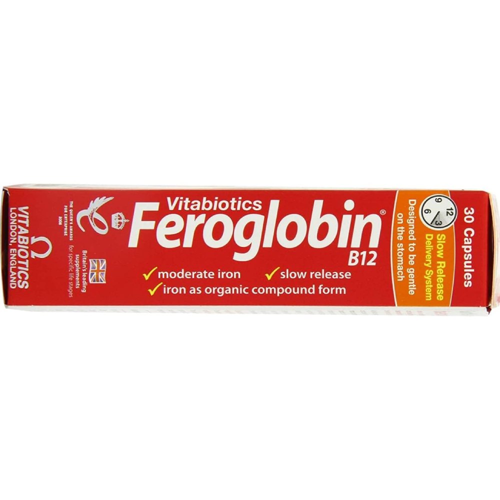Feroglobin Capsules Gentle iron, folic acid and vitamin b12 which contribute to the reduction of tiredness and fatigue and also help support your haemoglobin & red blood cells. Convenient and gentle on your stomach