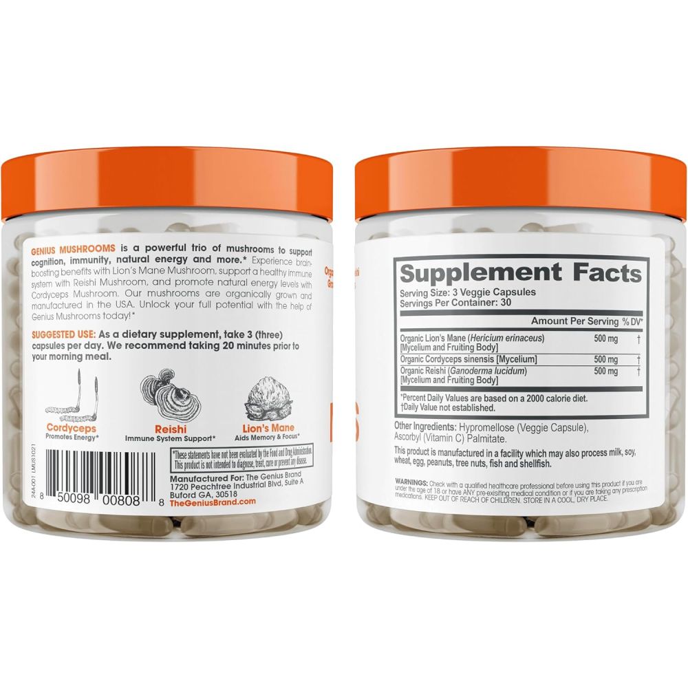 The Genius Brand Genius Lions Mane Support Foucs & Memory & Mood 120 Veg Caps
