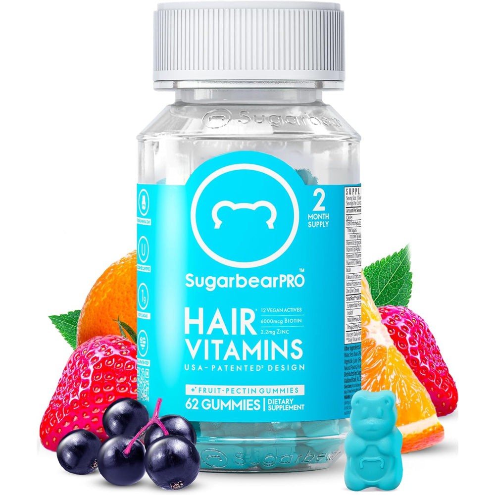 Sugarbear Hair Pro Vitamin Gummies for Normal Hair Growth with Vitamin C, Biotin, B12, Zinc, Iodine, Folic Acid & Coconut Oil 62 Gummies