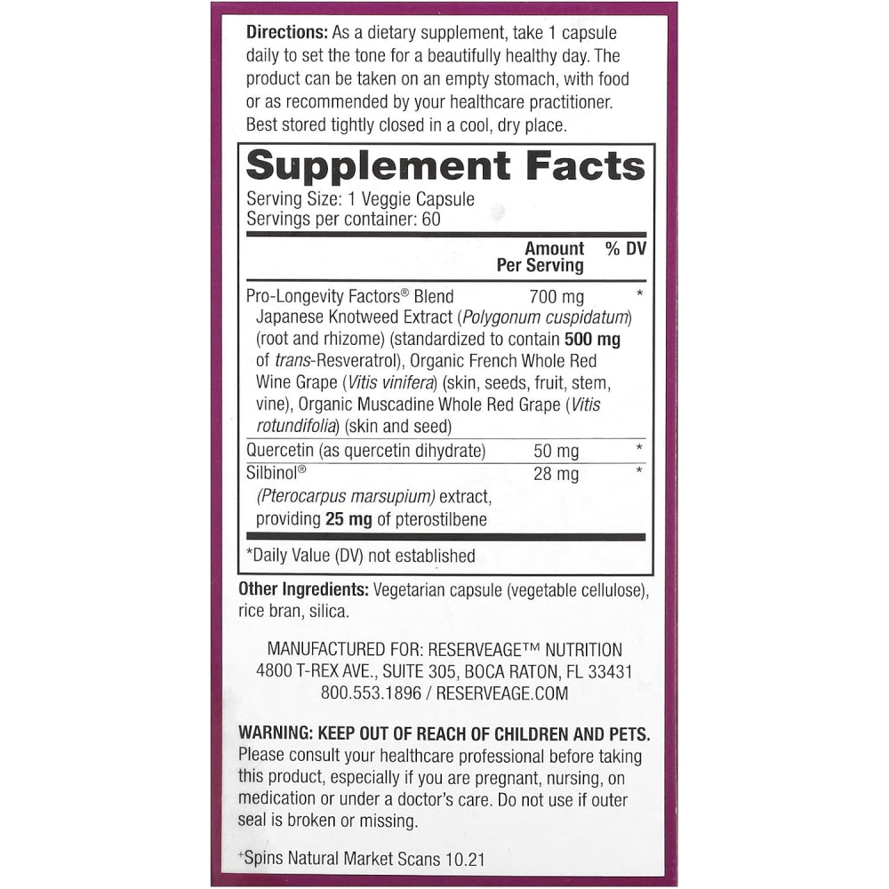 Reserveage Beauty Resveratrol 500mg Fights Signs of aging, a Powerful antioxidant & Supports Heart, Vascular Health 60 Veg Caps