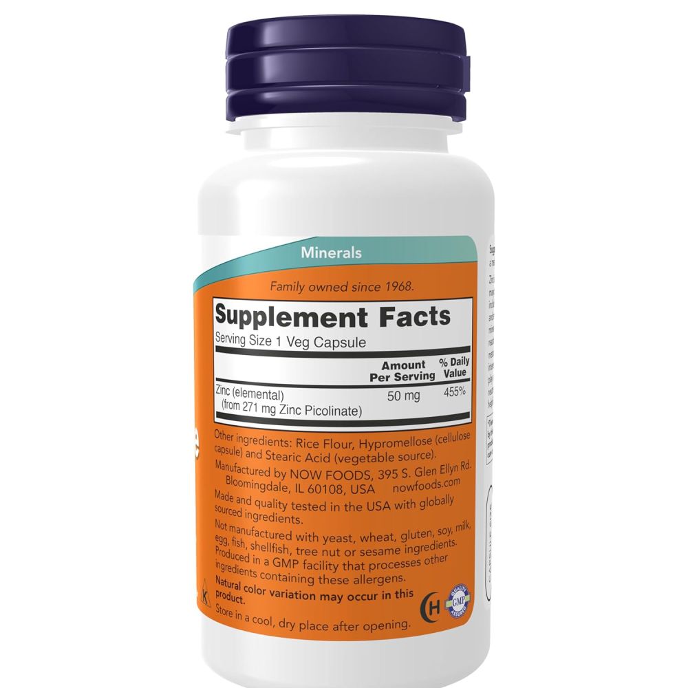Now Foods Zinc Picolinate 50mg Immune System Support 120 Veg Capsules