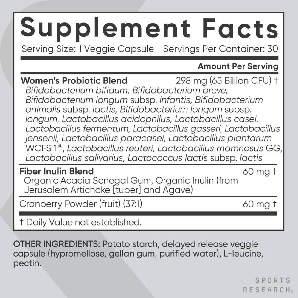 Sports Research sr Probiotics with Prebiotics & Cranberry | Women’s Probiotic Blend with 65 Billion CFU, Supports digestion & helps Cleanse the Urinary tract 30 Delayed-Release Veggie Caps