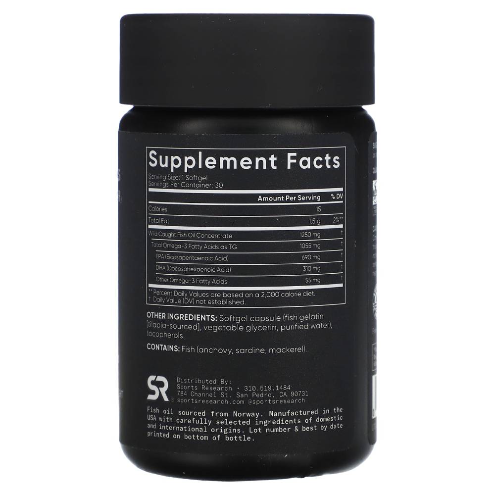 Sports Research sr Triple Strength Omega 3 Fish Oil – Heart, Brain & Immune Support for Men & Women – 1250 mg, 30 softgels