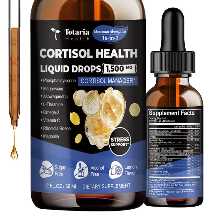Totaria Cortisol health 1500mg 16 in 1 Phosphatidylserine, Magnesium, Ashwagandha, L-Theanine, Omega3, Vitamin C, Rhodiola Rosea, Magnolia , Lions mane, Holy Basil,Bacopa, Ginkgo biloba, Panax Ginseng LEMON FLAVOR 60 ml