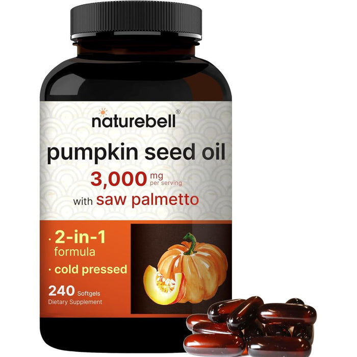 Naturebell Pumpkin Seed Oil 3000mg with Saw Palmetto 2-in-1 Formula Cold Pressed - Supports Prostate Health & Reduces Hair Loss 240 Softgels