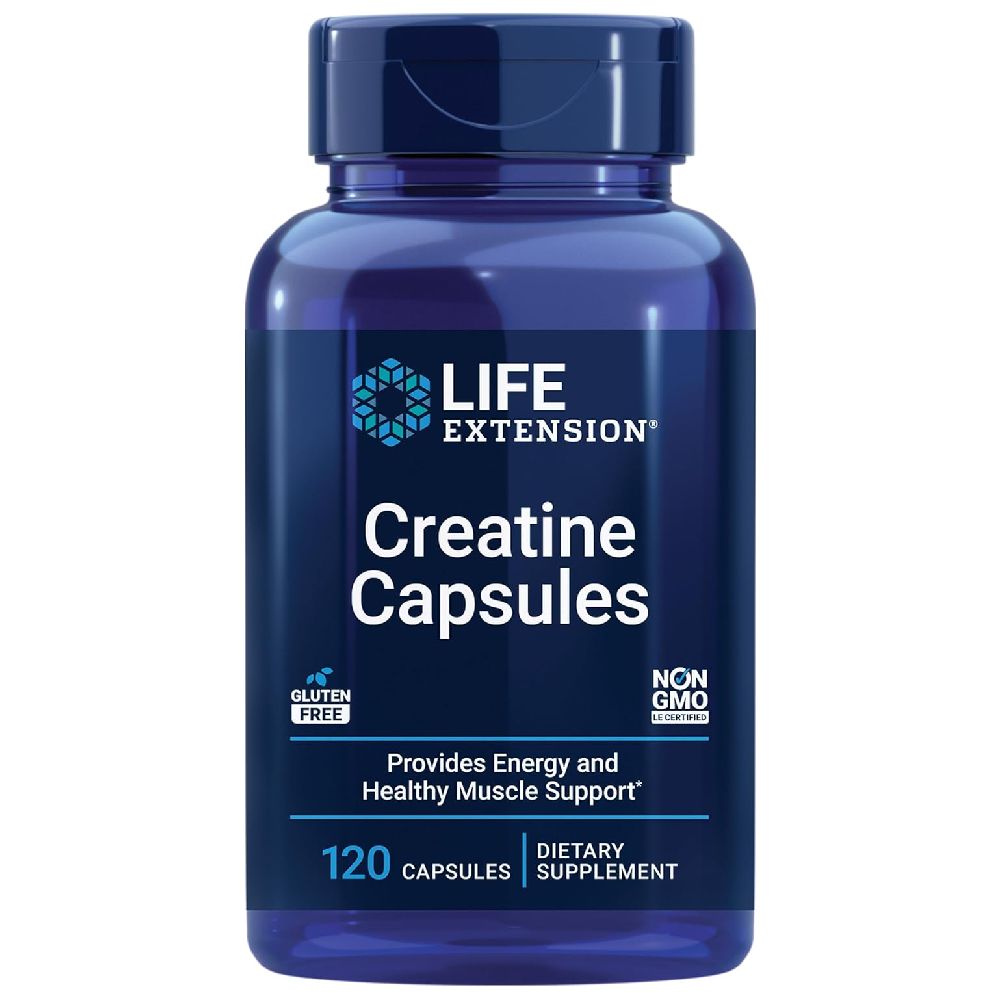 Life Extension Creatine Capsules Creatine Monohydrate Promotes Strength, Lean Muscle, Healthy Endurance Non-GMO, Gluten-Free 120 Capsules