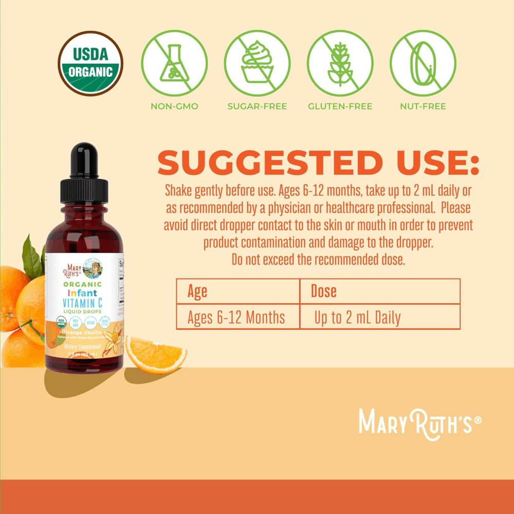 MaryRuth Organics Infant & Baby Vitamin C Supplement | USDA Organic Vitamin C Liquid Drops for Infants | Ages 6-12 Months | Immune Support | Overall Health | Vegan | Non-GMO | Gluten Free | 60 ml