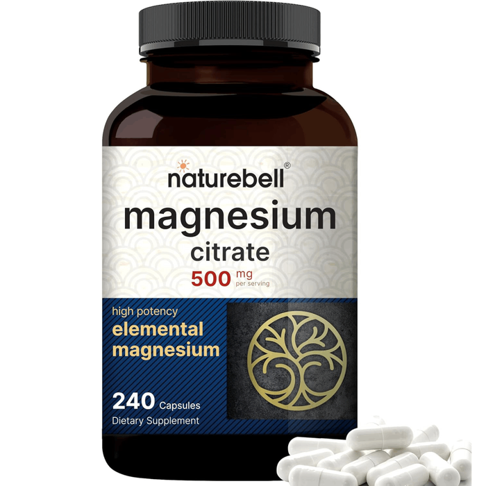 NatureBell Magnesium Citrate 500mg, | High-Purity Elemental Form | Heart, Muscle & Digestion Support | Non-GMO, Gluten-free 240 capsules