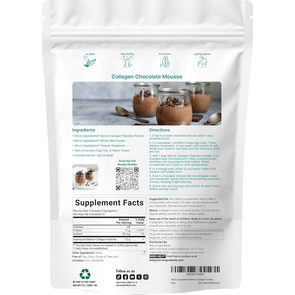 MicroIngredients Marine Collagen Peptides – Supports skin, joints, and hair – Wild caught fish source, hydrolyzed for high absorption, unflavored, keto & pescatarian friendly –454 g