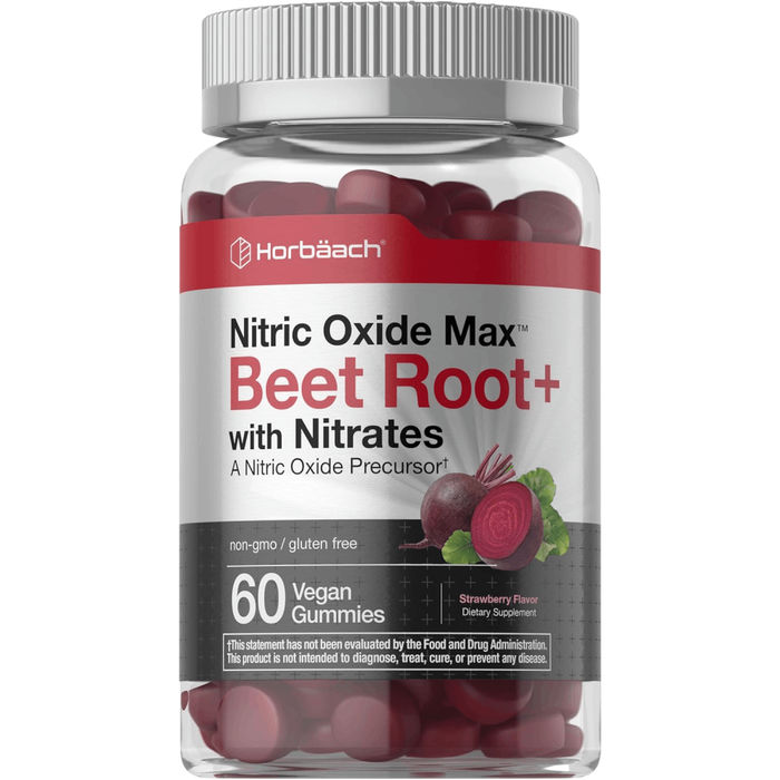 Horbäach Nitric Oxide Beet Root Gummies with Nitrates Strawberry Flavor Vegan, Non-GMO, Gluten Free Supplement 60 Gummies